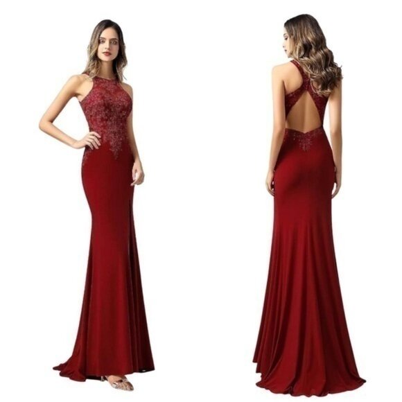 Alyce Paris burgundy lace formal slit leg jersey gown 6 O18 - Picture 1 of 16